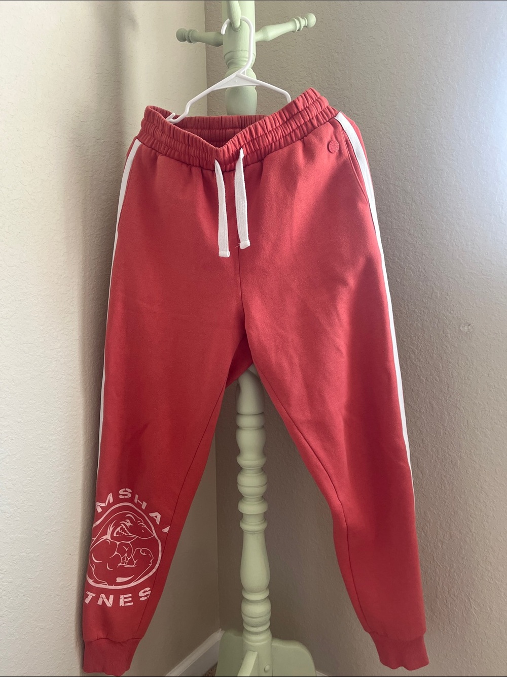 Gymshark Coral Red Joggers with White Stripe & Logo